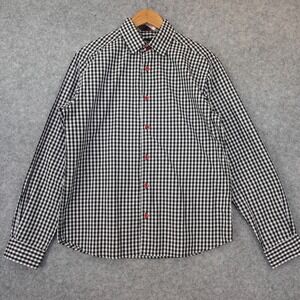 Gingham Check Dress Shirt Mens Large‎ Black Madras Trim Roll Cuff LUCKY LUCIANO
